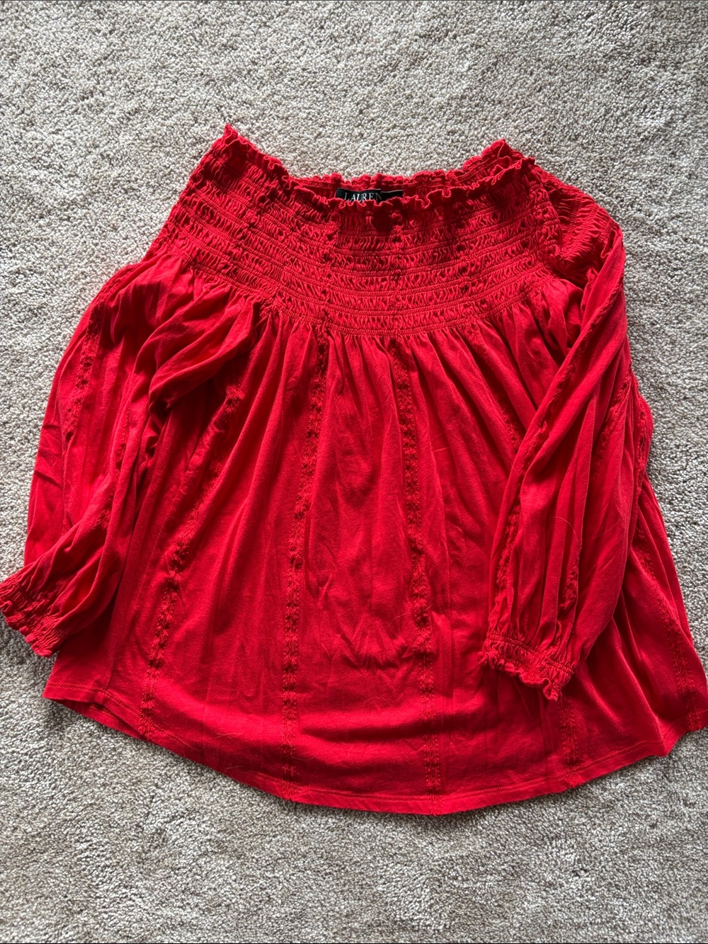 Lauren Ralph Lauren Red Smocked Off-Shoulder Blouse